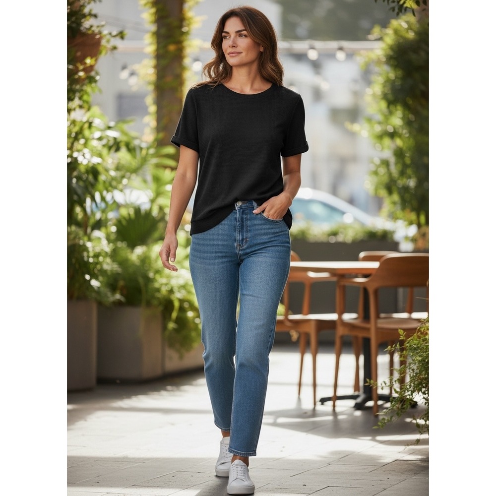 Madewell Black Short Sleeve Waffle Knit Sweater Crew Neck Cuffed Top Small